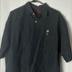 BAMBOO Black Short-Sleeve Button-Down Shirt with Palm Tree Embroidery
